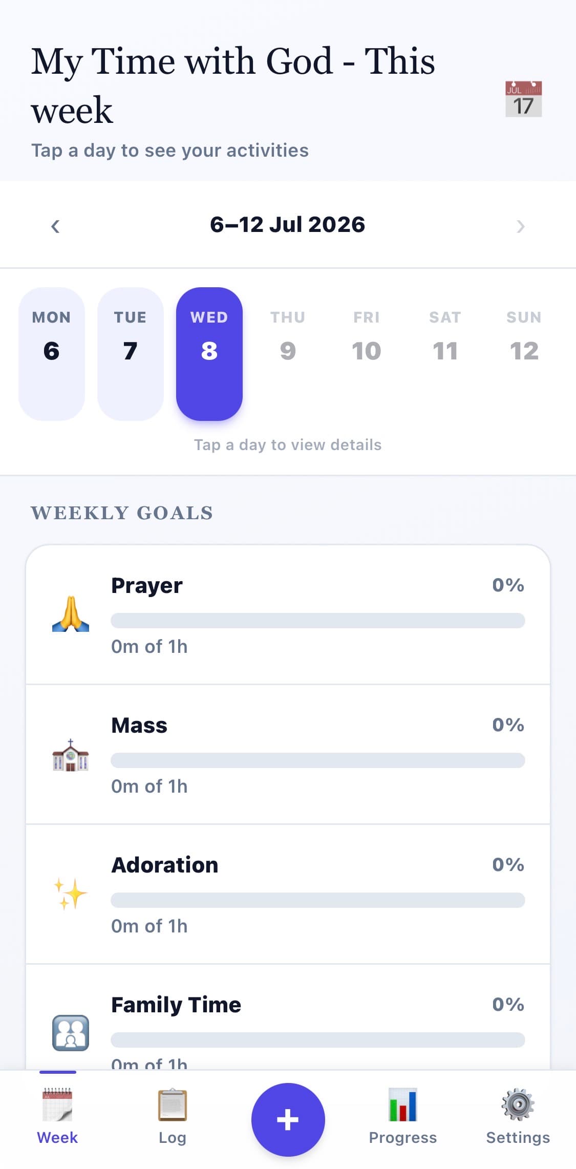 My Time with God - This week screen showing the week's devotional schedule