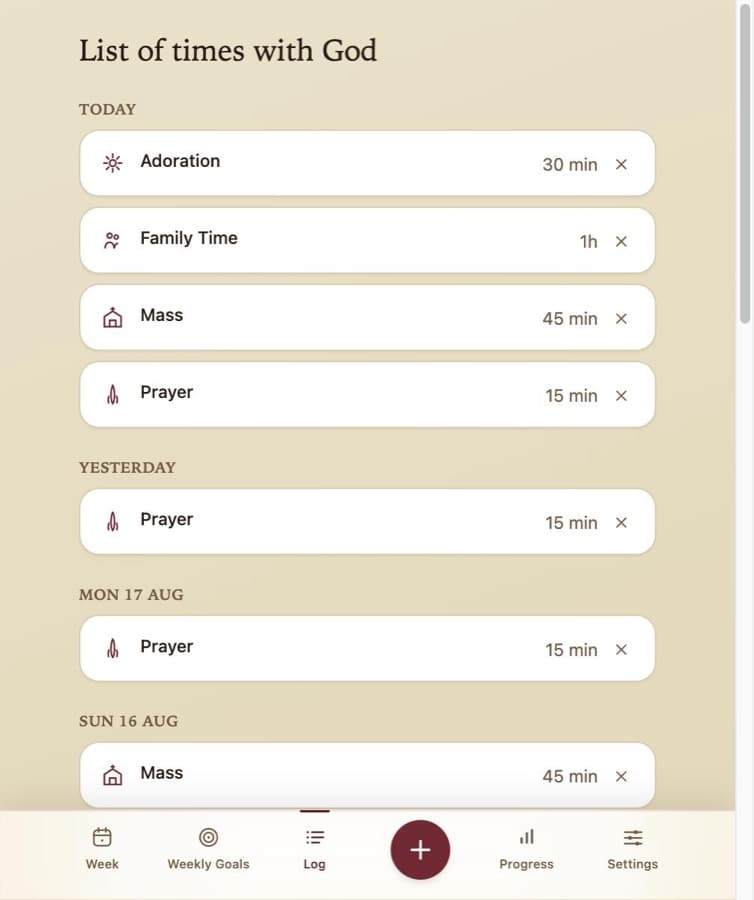 A running list of logged devotional time