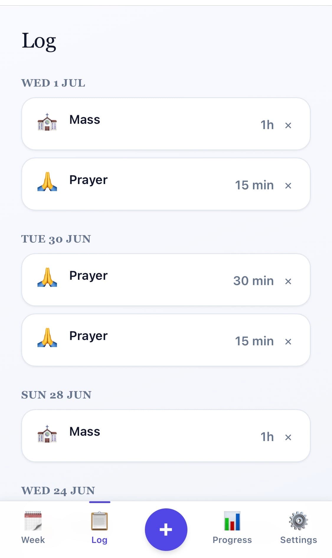 List of times with God screen for recording devotional activities