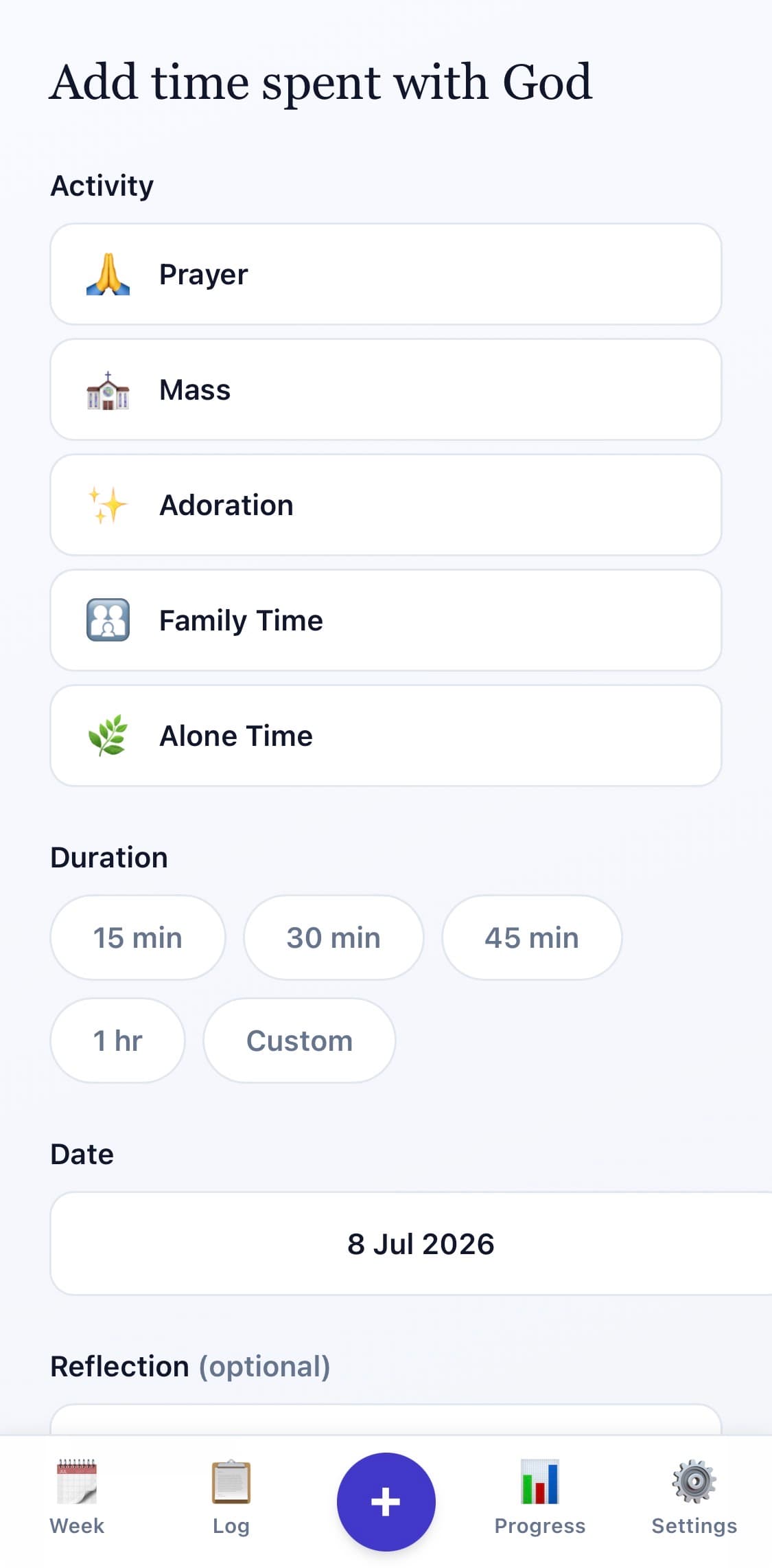 Add time spent with God screen for adding a specific activity entry