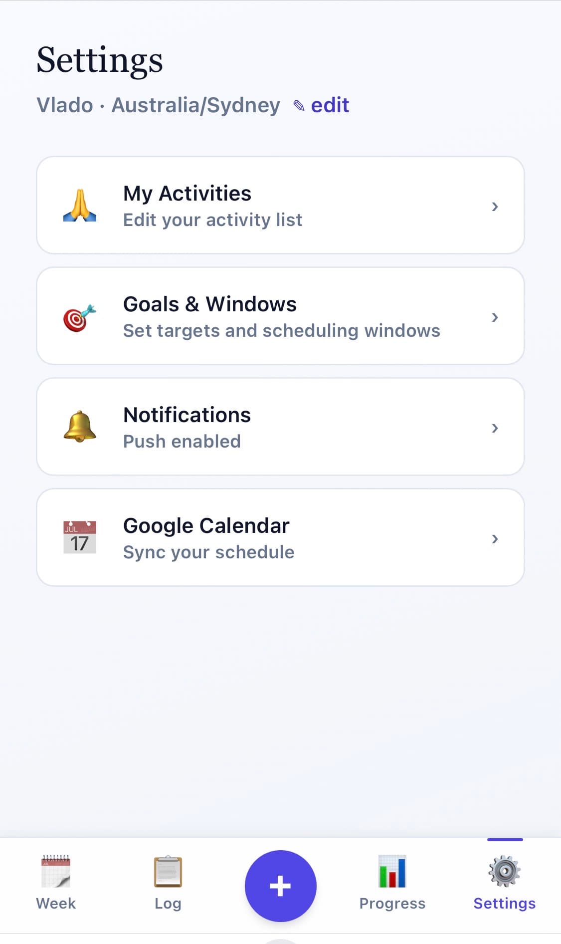 Settings screen for customising activities and preferences