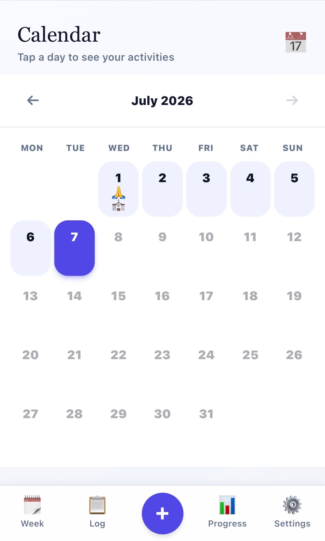 Month view showing the monthly devotional calendar
